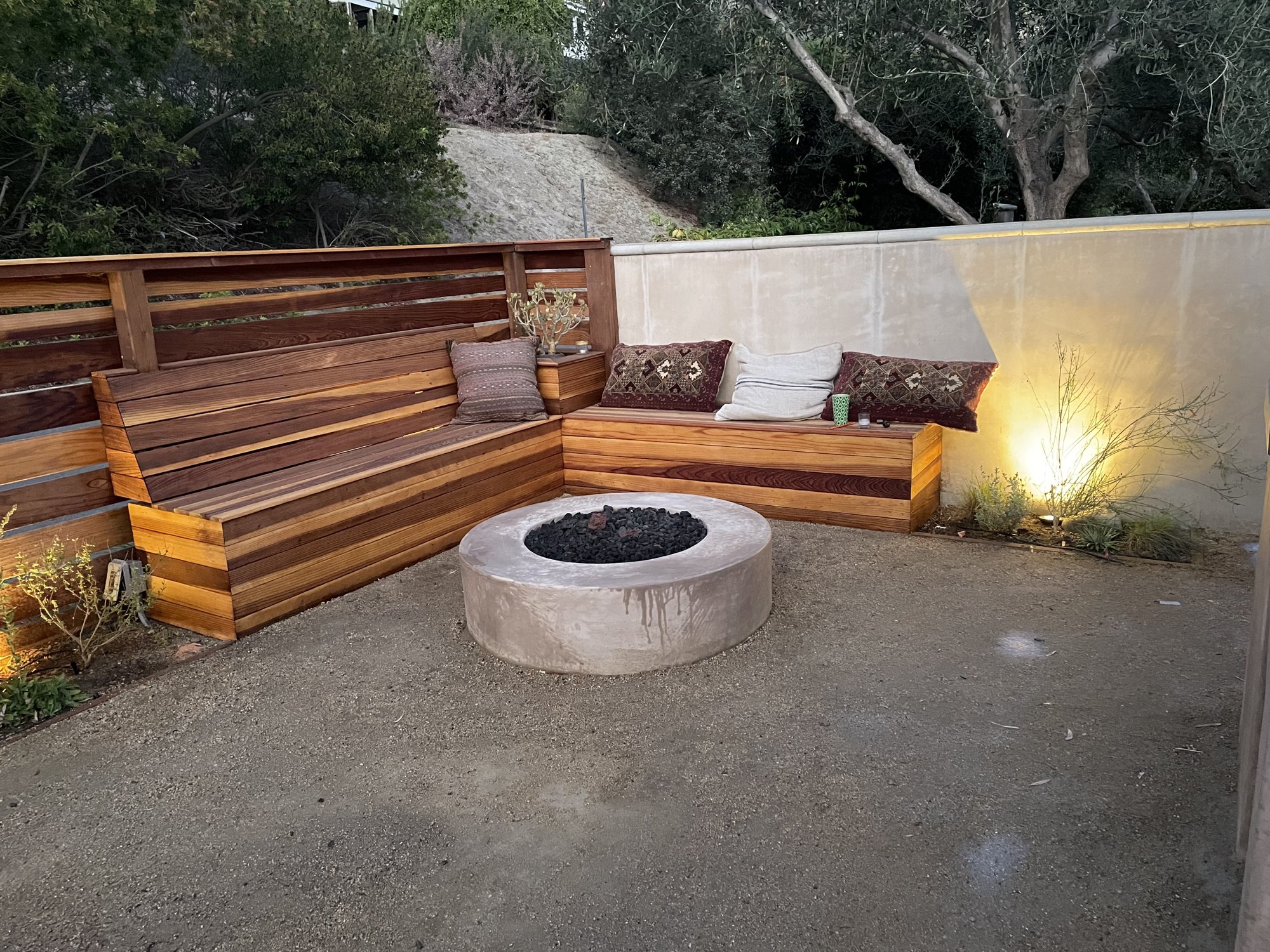 Redwood Bench & Concrete Firepit